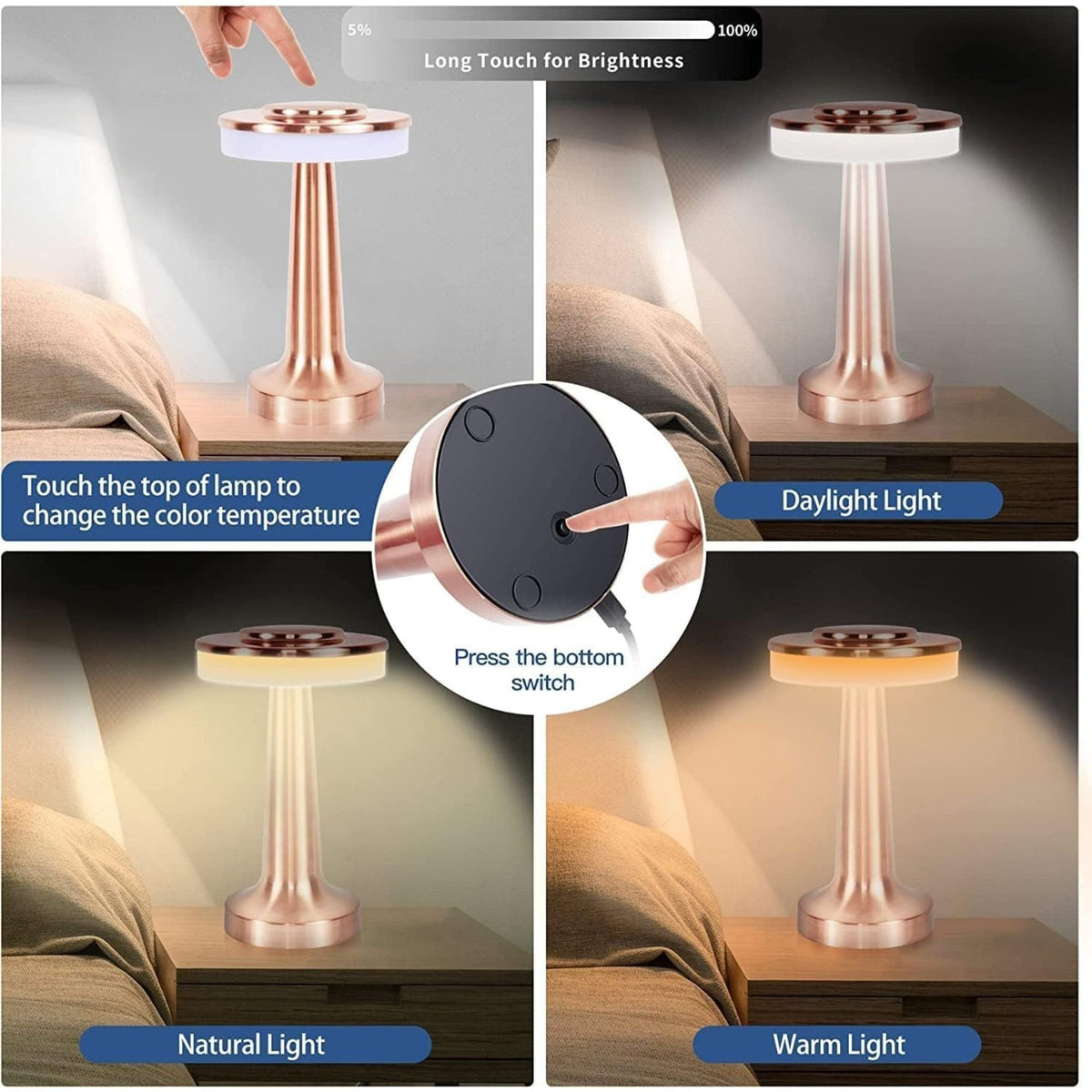 LED Table Lamp – 3 Color Touch Sensor Rechargeable Desk Lamp for Bedroom, Study & Office