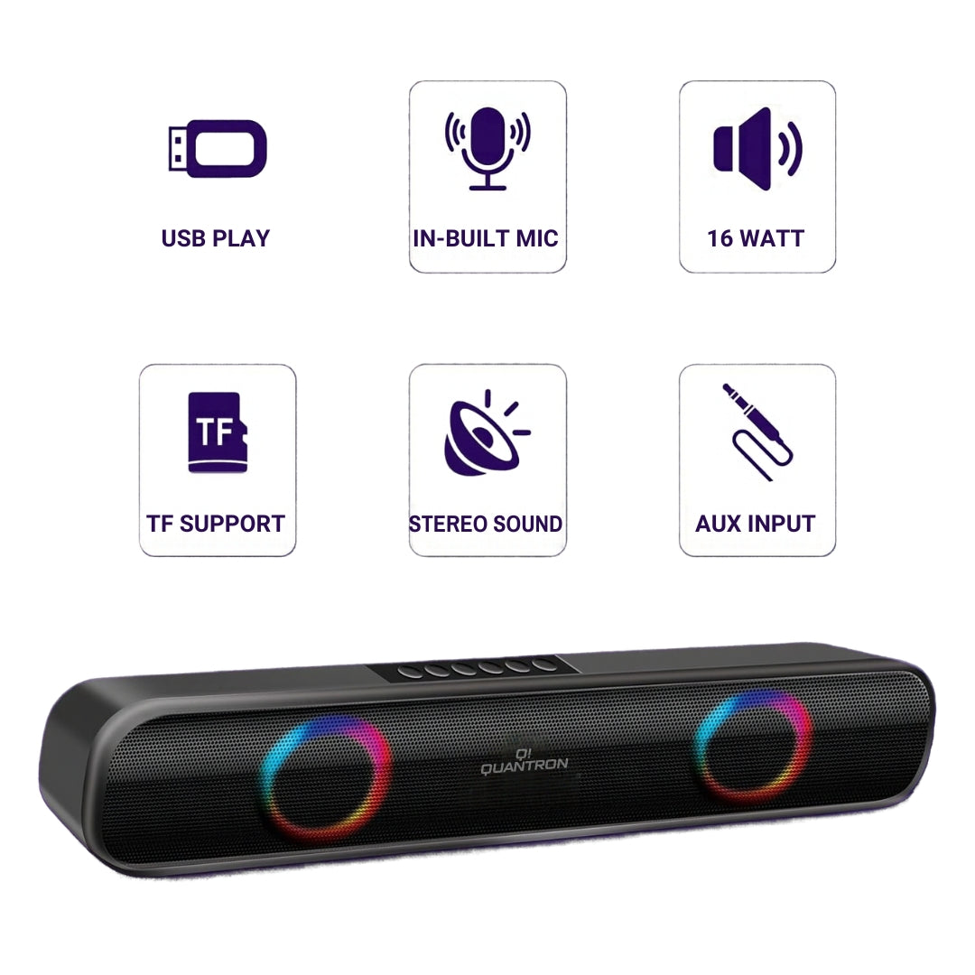 QWS-1217 Wireless Soundbar Speaker – 16W Bluetooth Speaker with RGB LED, TWS, USB, AUX & mSD | Up to 10 Hours Playback