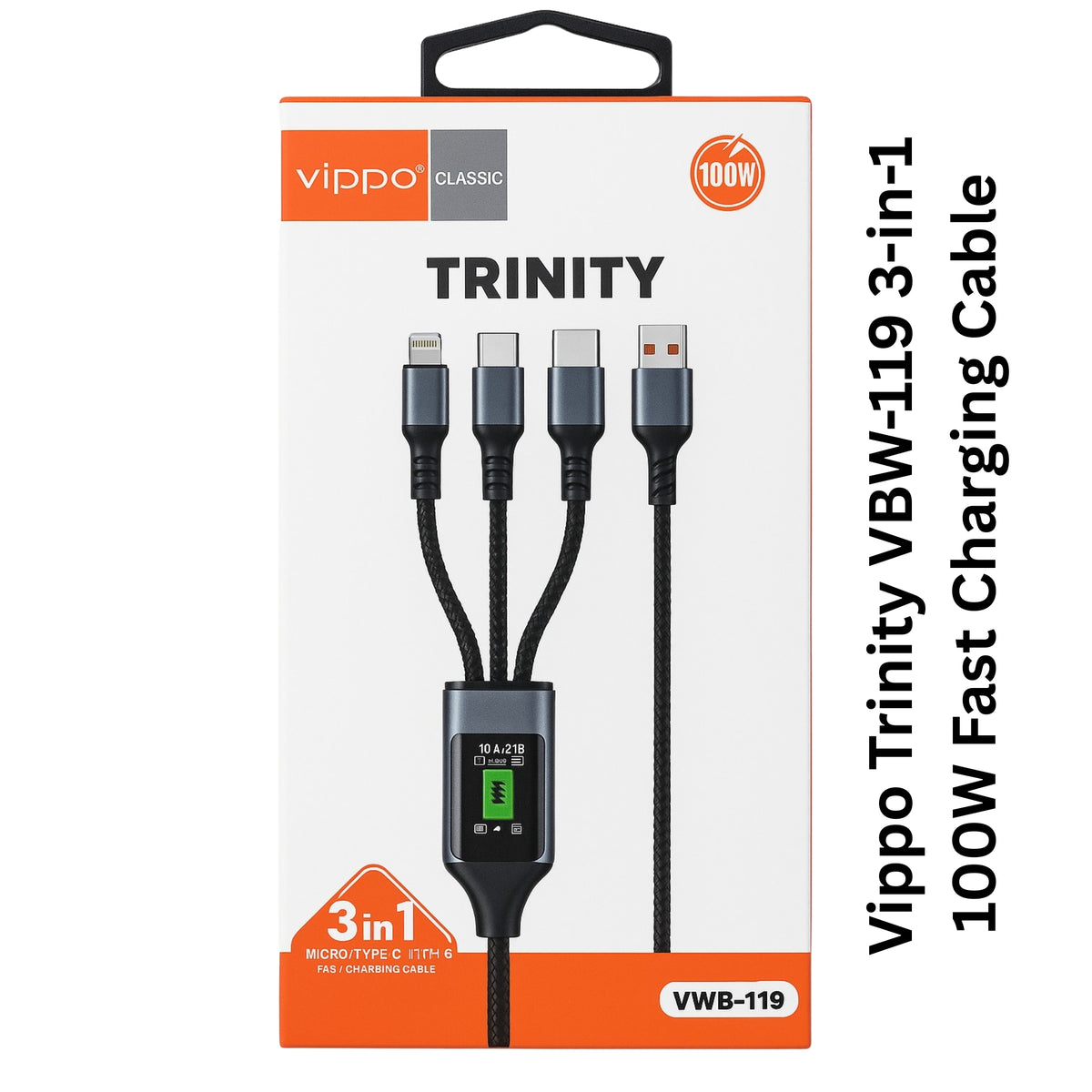 Vippo Trinity VBW-119 3-in-1 100W Fast Charging Cable | Type-C, Micro & Lightning | Universal Power Delivery 1.2M Cable