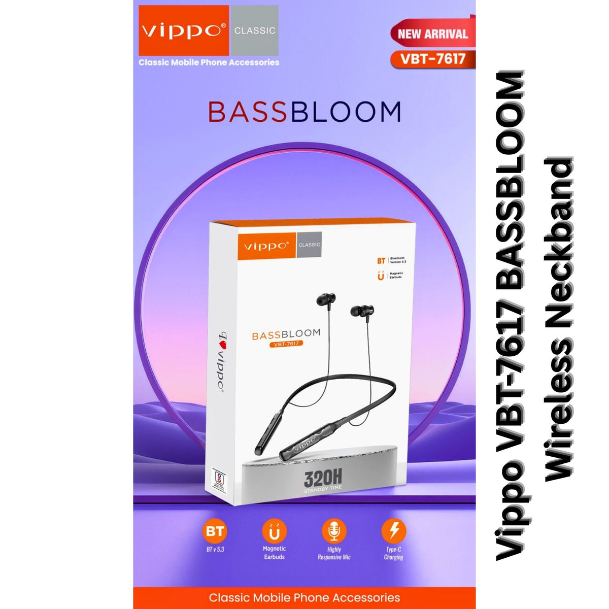 Vippo VBT-7617 BASSBLOOM Wireless Neckband | Bluetooth 5.3 Magnetic Earbuds | 320H Standby | OGdeal