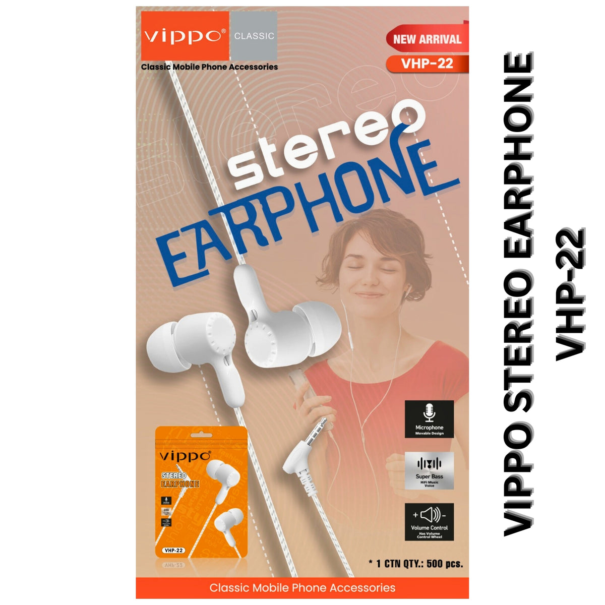 Vippo VHP-22 Stereo Earphones with Volume Control & Mic | Super Bass | OGdeal (Pack Of 2)