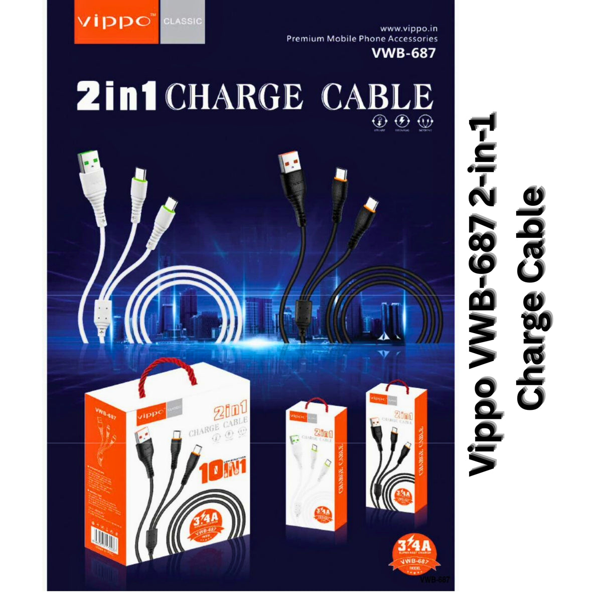 Vippo Classic VWB-687 2-in-1 Charge Cable | 3.4A Super Fast Charging | OGdeal