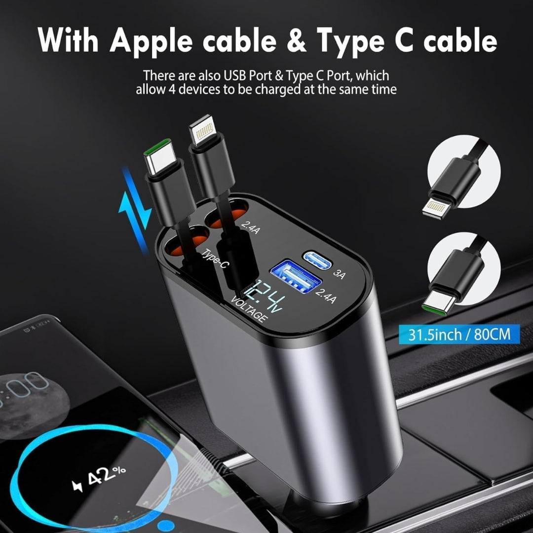 Multichannel charging station with Apple cable, Type C cable, USB port, and Type C port on a black background.