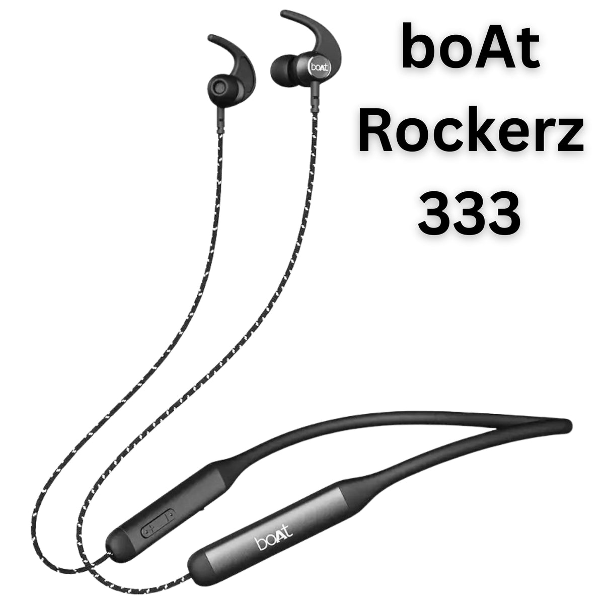 Black boAt Rockerz 333 wireless earbuds on a white background