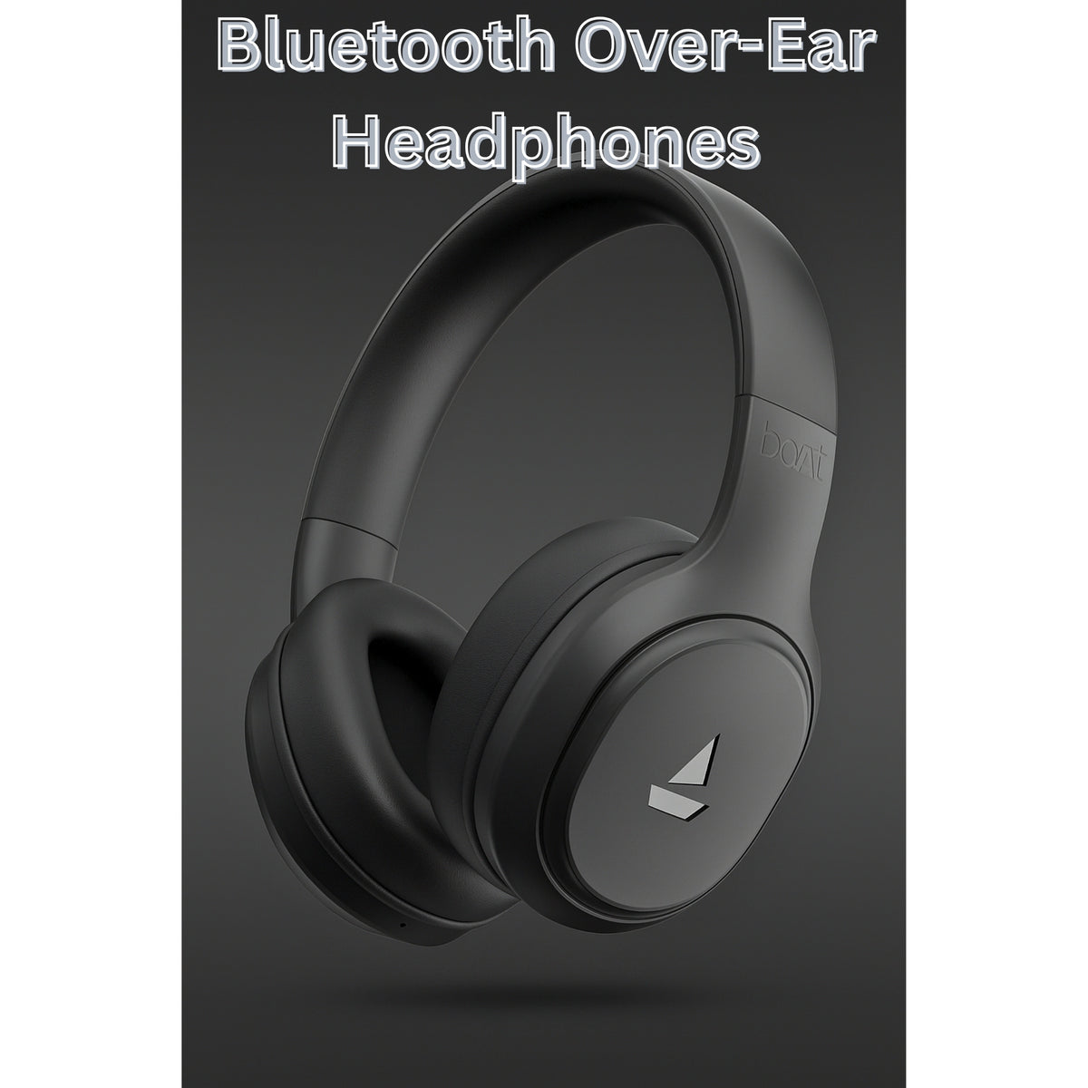 Black Bluetooth over-ear headphones on a dark background with text.