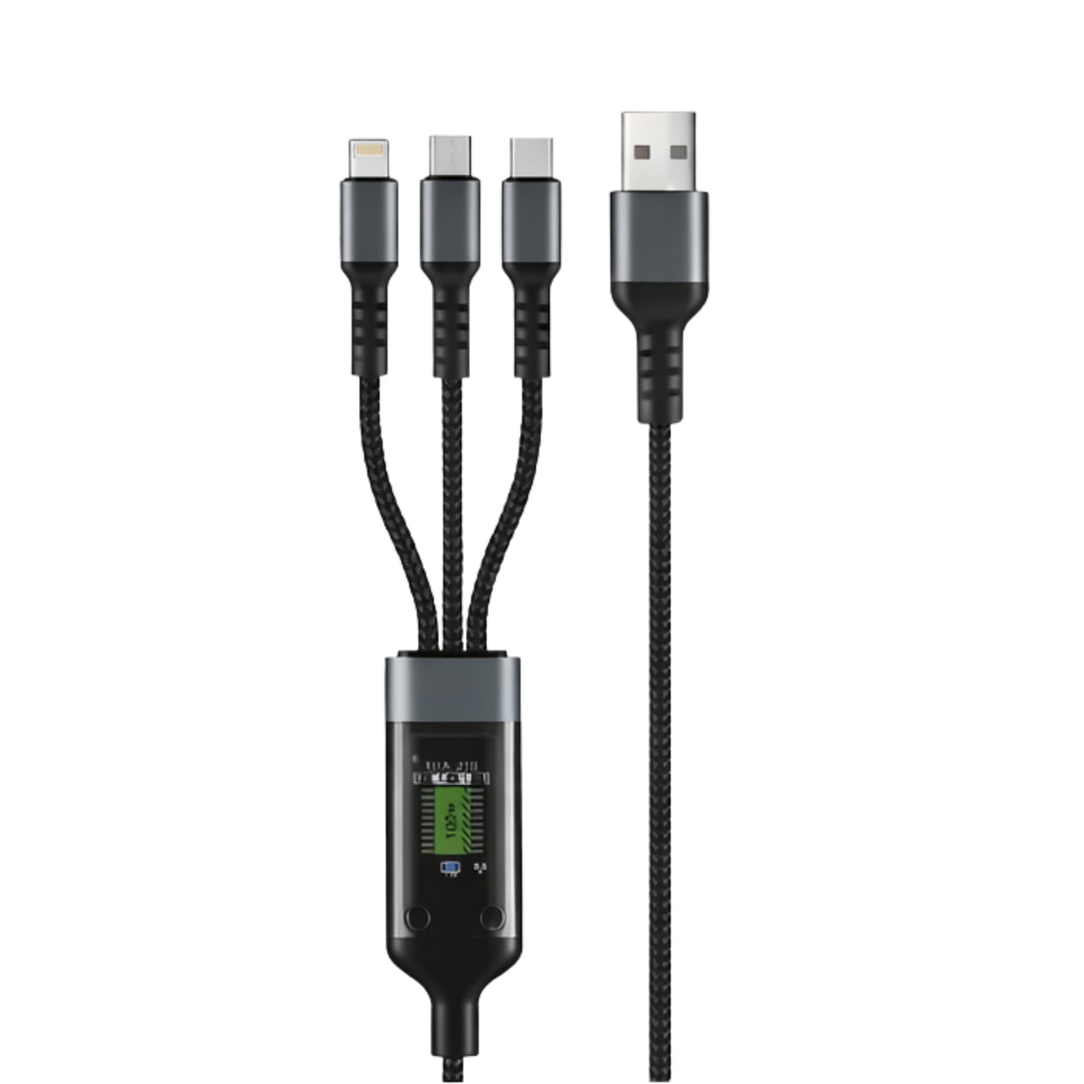Vippo Trinity 3-in-1 Fast Charging Cable (USB-A to Type-C + Micro USB + Lightning) | Nylon Braided | LED Display