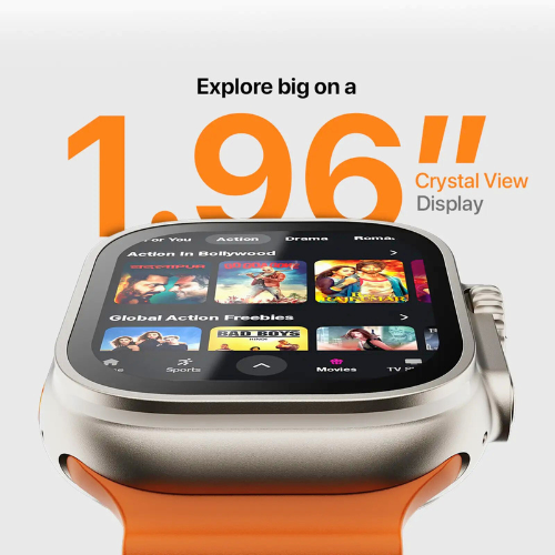 Smartwatch with a 1.96" crystal view display on a gray background