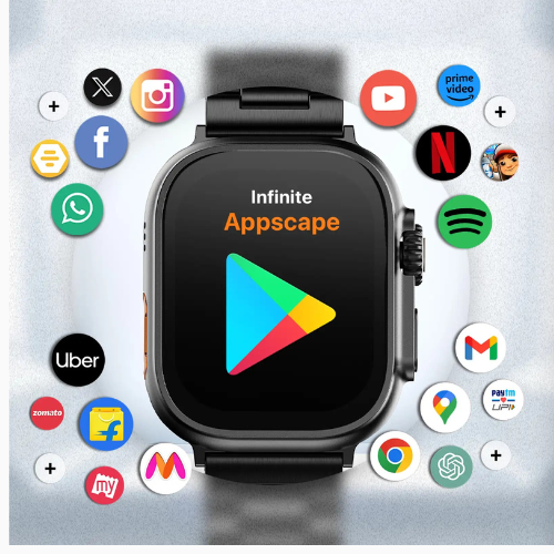 Smartwatch with Appscape app on screen surrounded by various app icons on a light gray background