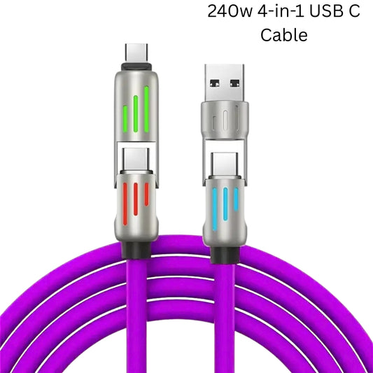 240W 4-in-1 USB-C Fast Charging Cable | Silicone Multi Charging Cable | 1.2m Multi-Device Charger for iPhone, iPad, Samsung, Android & Laptops | Fast Charge & Data Sync