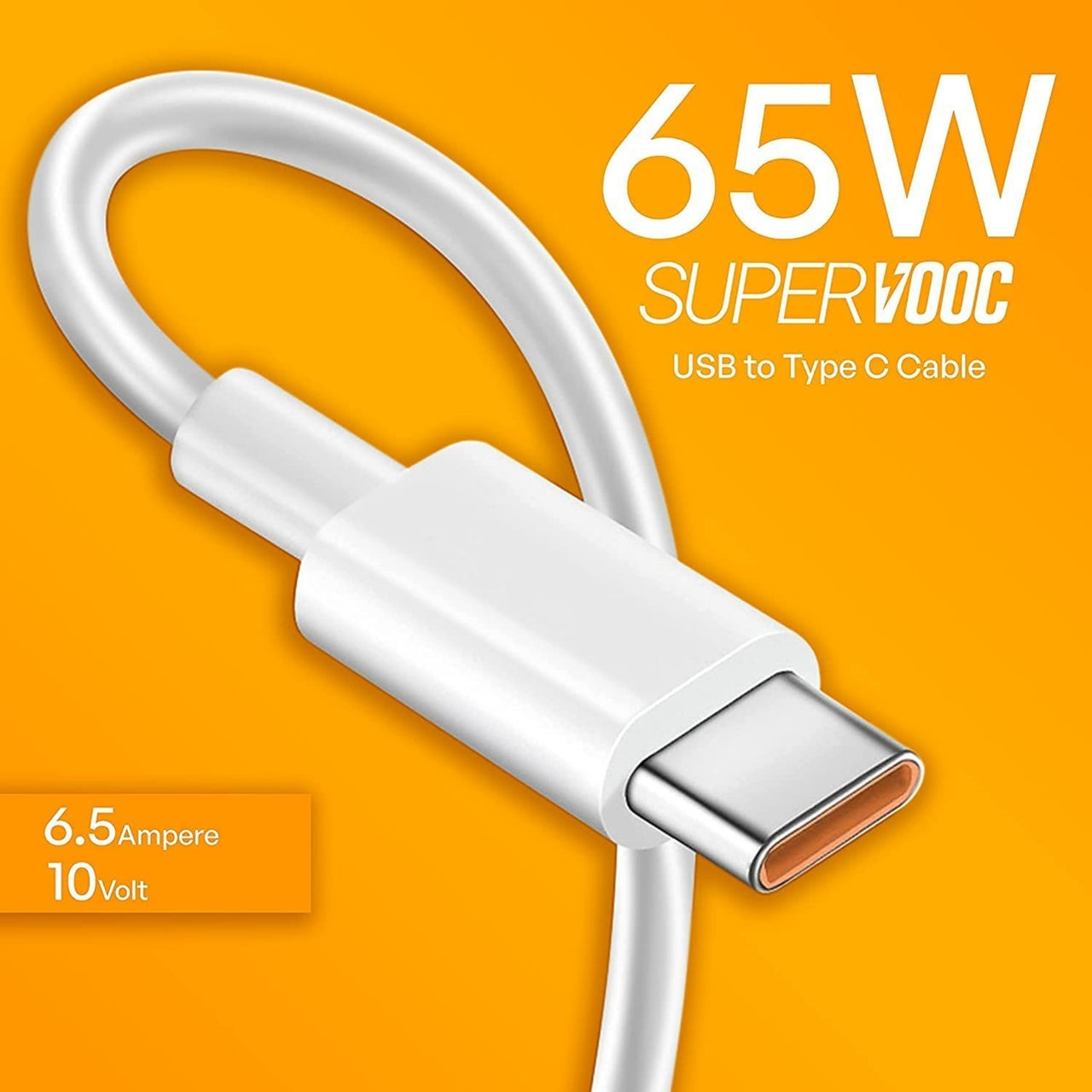 USB to Type C cable with 65W SuperVOOC branding on an orange background