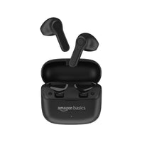 Black wireless earbuds with charging case on a white background, featuring the Amazon Basics logo.