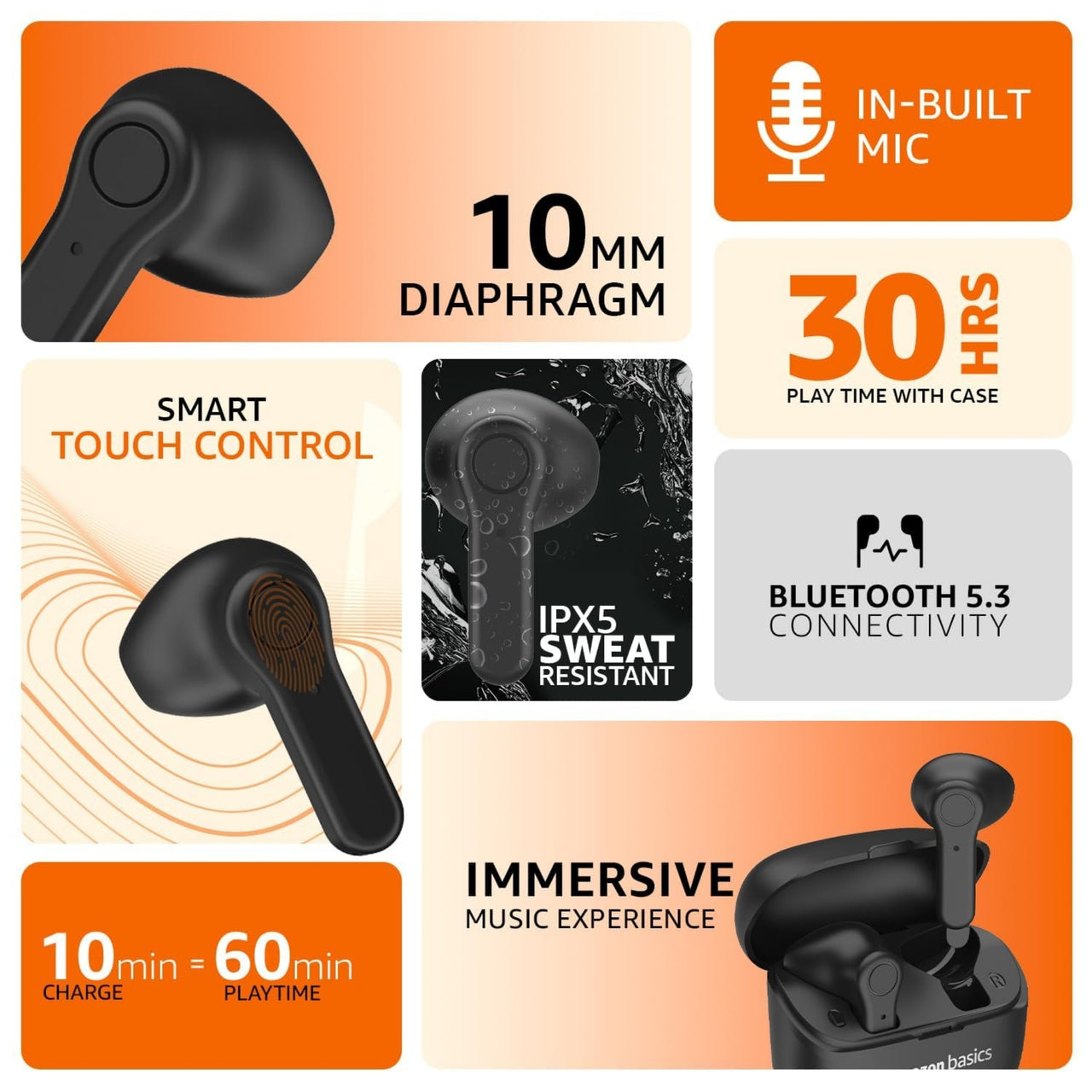 Black wireless earbuds with feature highlights on an orange and beige background