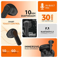 Black wireless earbuds with feature highlights on an orange and beige background