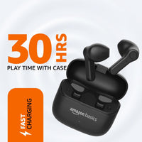 Black wireless earbuds with charging case, Amazon Basics branding, and text about play time and fast charging on a white background.