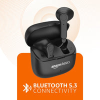 Black wireless earbuds in a charging case with 'Amazon Basics' branding on an orange and white background.