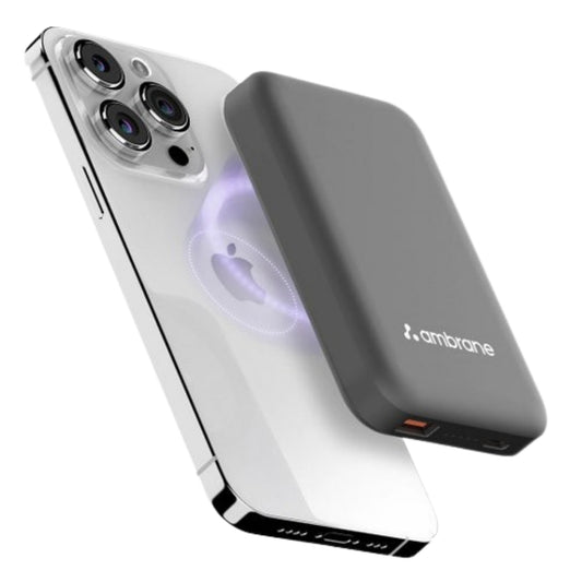 Phone case with built-in power bank and 'ambrane' branding on a white background