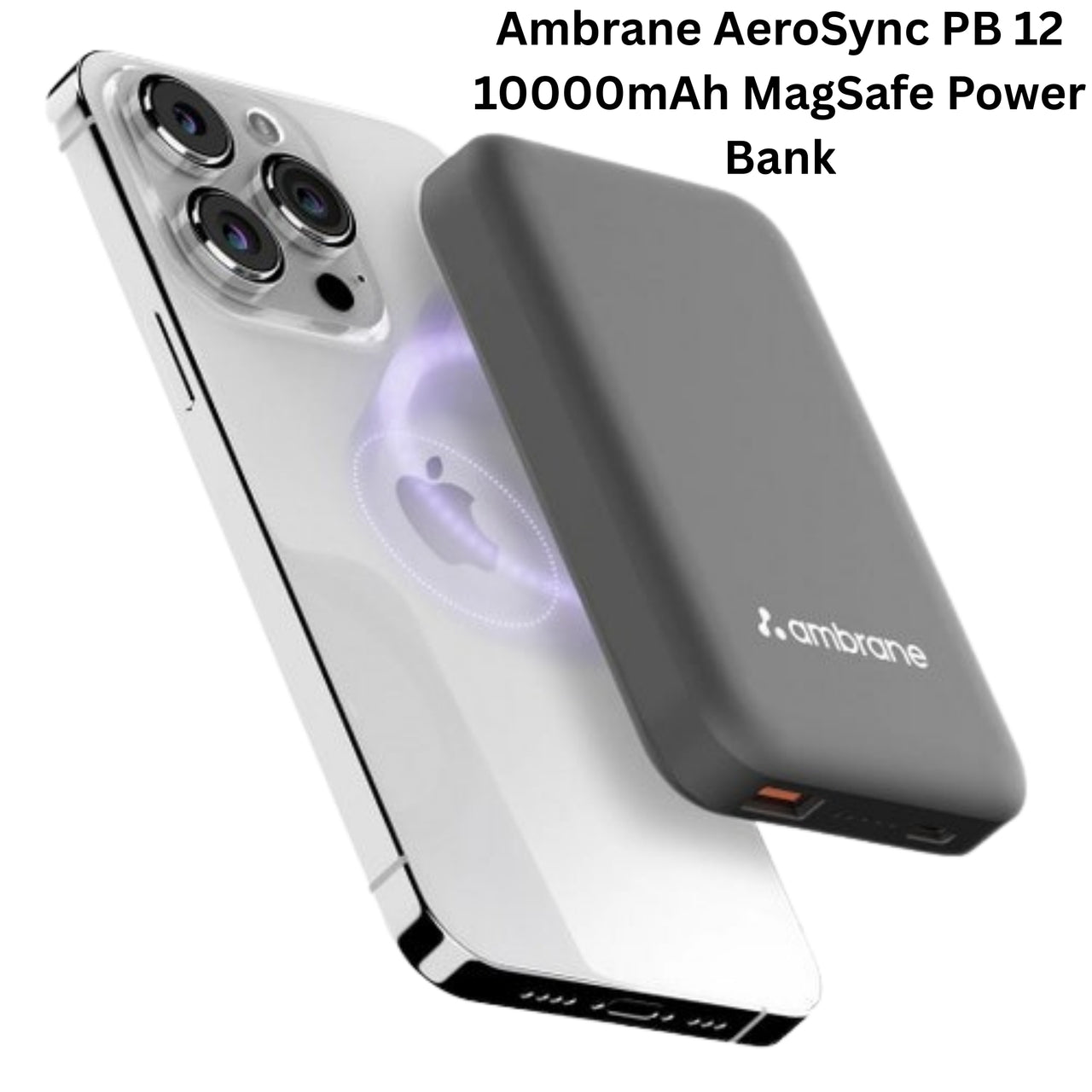 Ambrane AeroSync PB 12 power bank attached to a smartphone on a white background