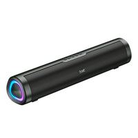 Black Bluetooth speaker with colorful lighting on a white background