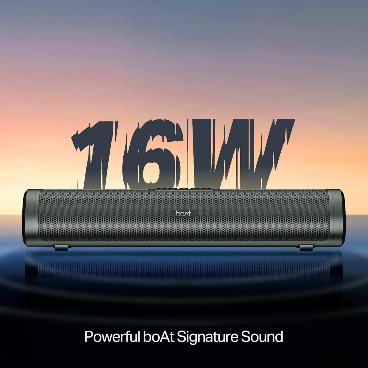 Black boAt speaker with '16W' text on a gradient background