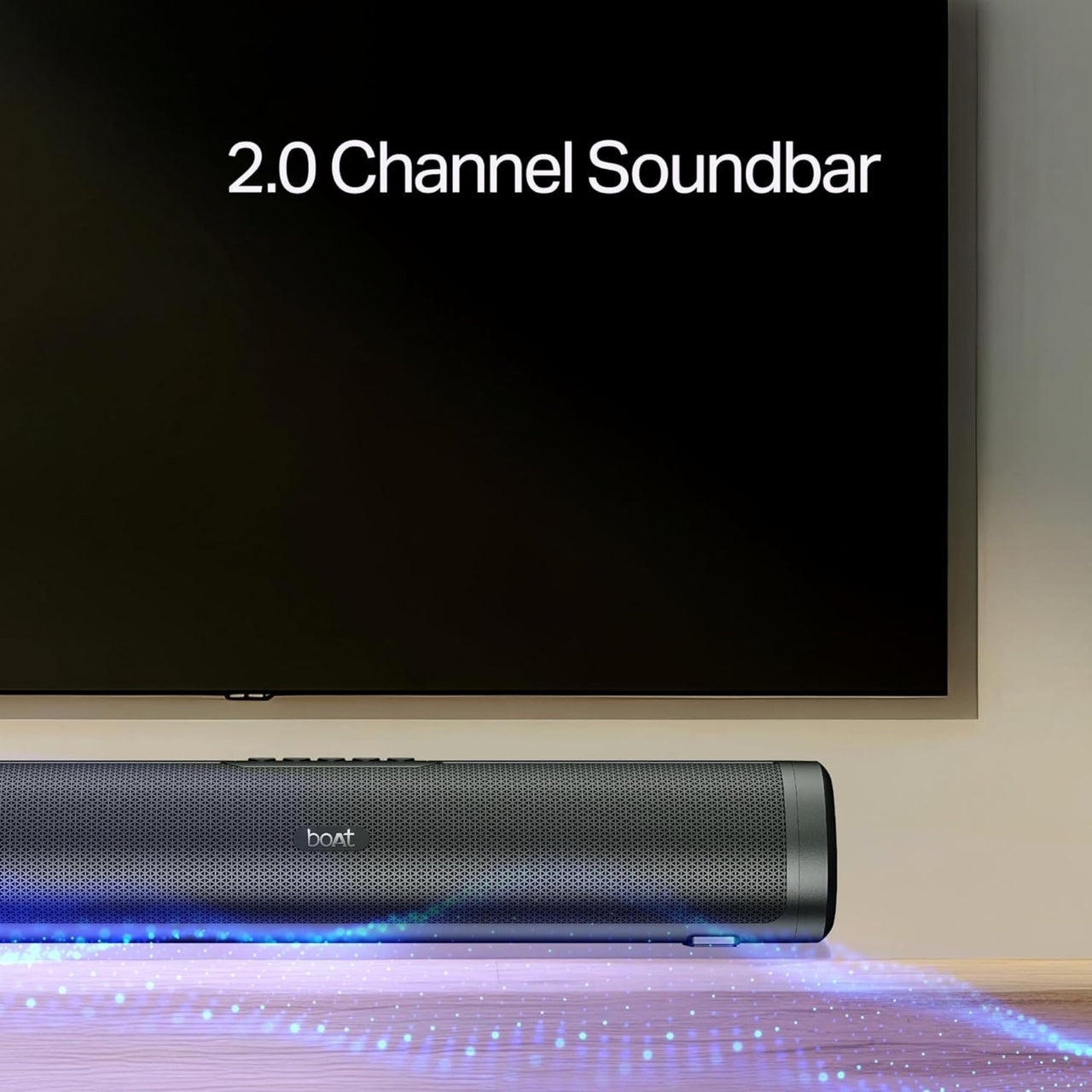 Soundbar below a television with '2.0 Channel Soundbar' text.