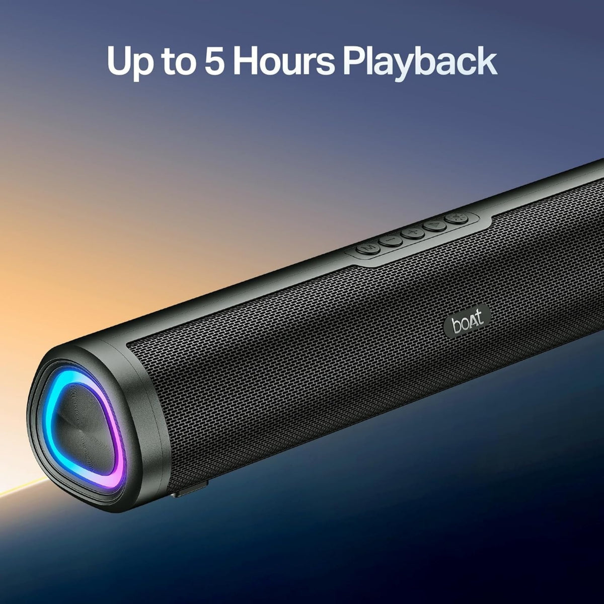 Black Bluetooth speaker with colorful lighting on a gradient background, featuring 'bort' branding.