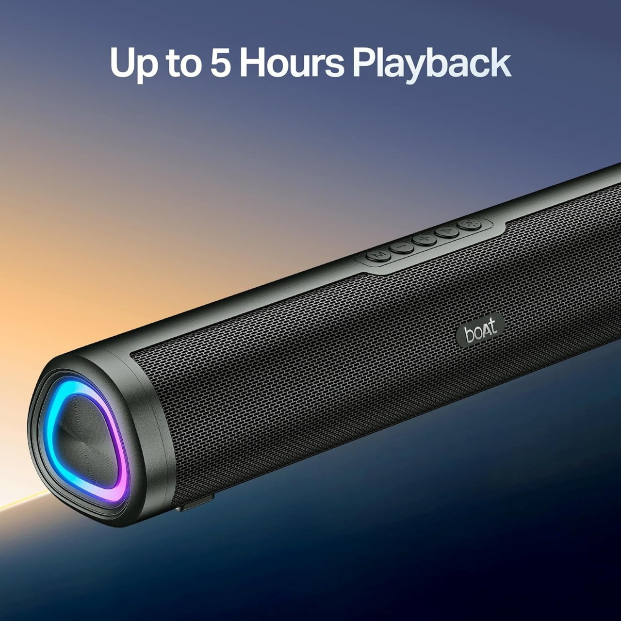Black Bluetooth speaker with colorful lighting on a gradient background, featuring 'bort' branding.