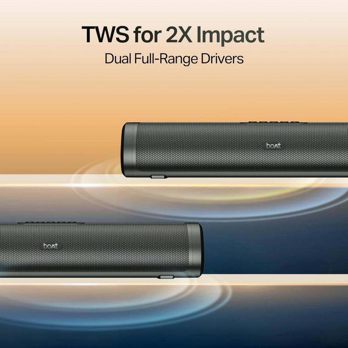 Black Bluetooth speaker with 'TWS for 2X Impact' text on a gradient background