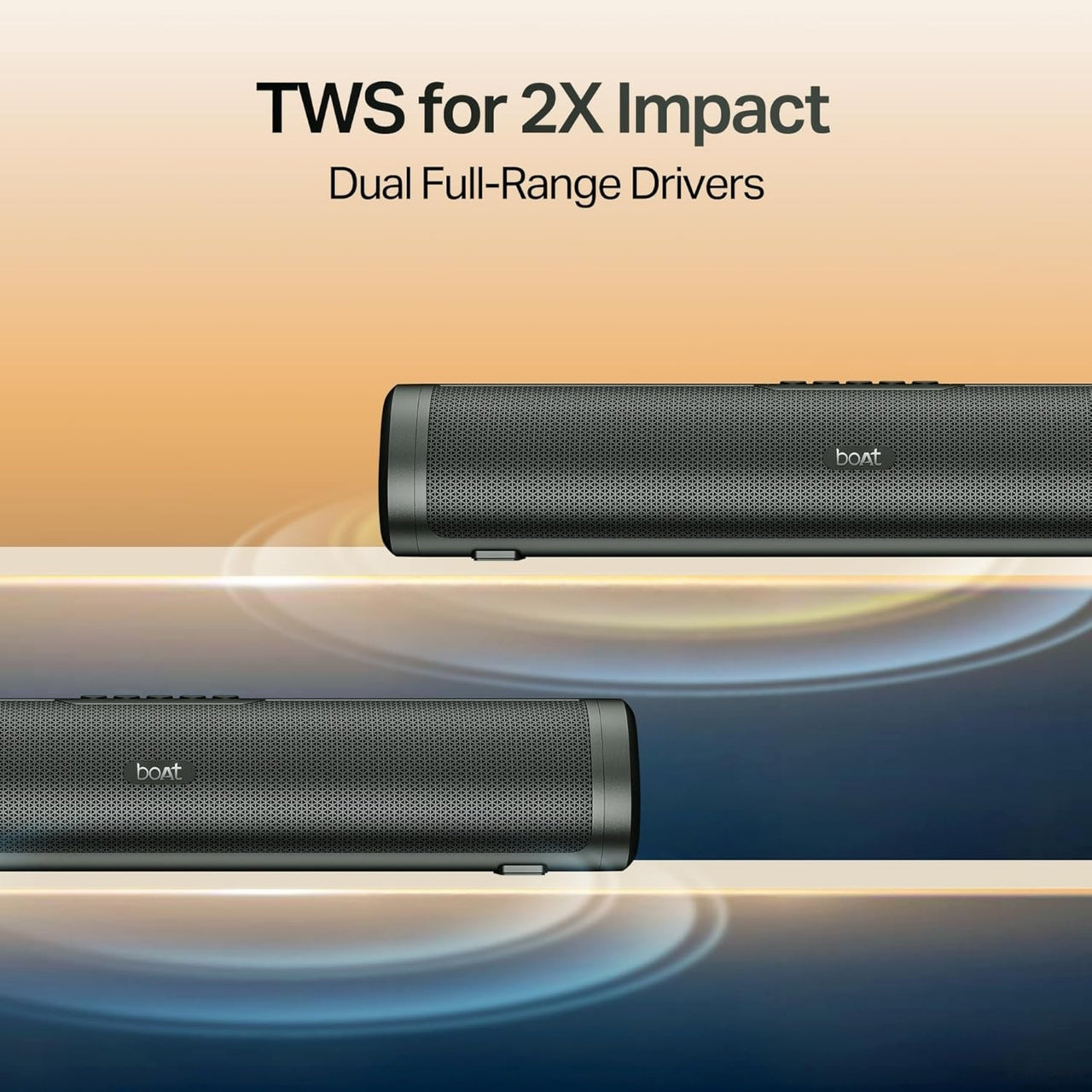 Black Bluetooth speaker with 'TWS for 2X Impact' text on a gradient background