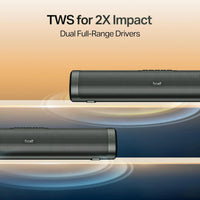 Black Bluetooth speaker with 'TWS for 2X Impact' text on a gradient background