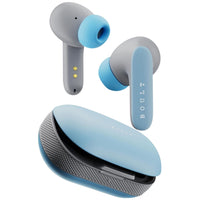 Gray and blue wireless earbuds with charging case on a white background