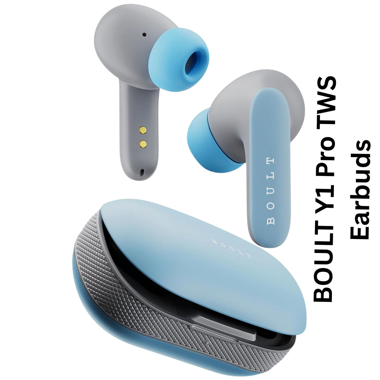 Boult Y1 Pro TWS earbuds with charging case on a white background