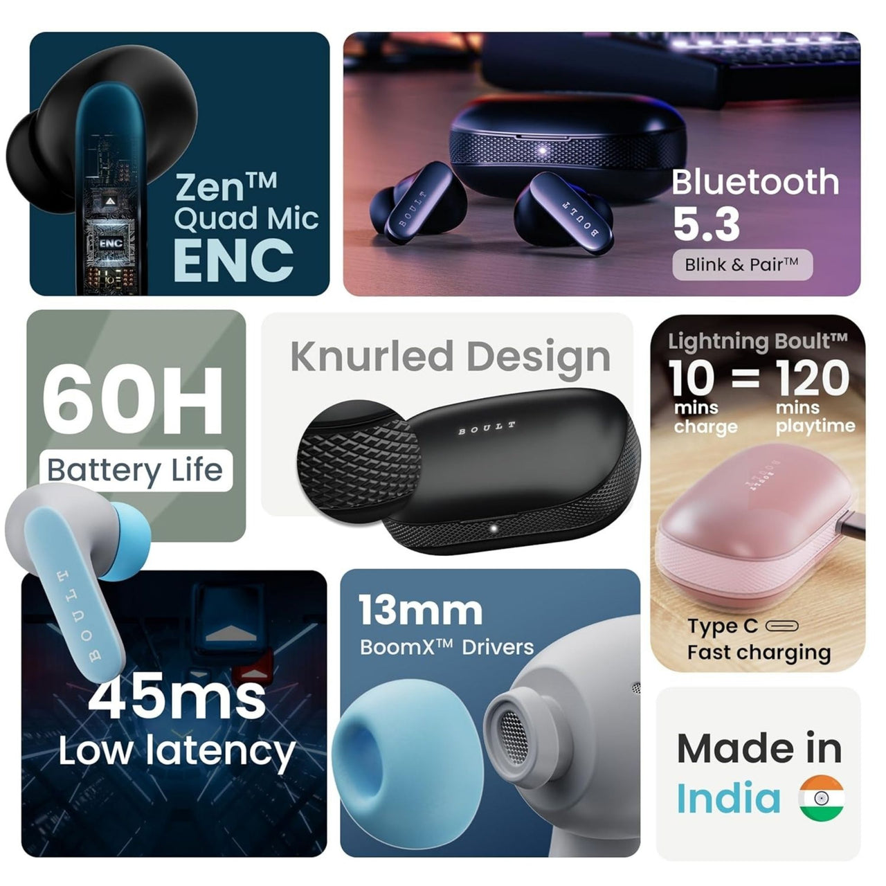 Collage of wireless earbuds with features highlighted on a white background