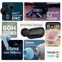 Collage of wireless earbuds with features highlighted on a white background