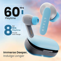 Boult wireless earbuds with charging case on a gradient background