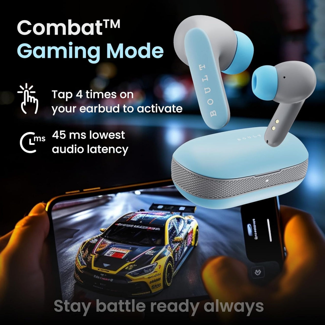Boult Audio wireless earbuds with smartphone showing racing game, text about gaming mode activation.