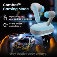 Boult Audio wireless earbuds with smartphone showing racing game, text about gaming mode activation.