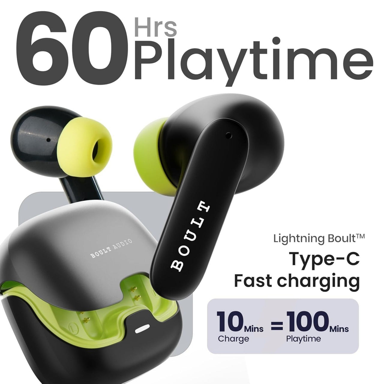 Wireless earbuds with charging case and '60 Hrs Playtime' text on a white background