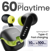 Wireless earbuds with charging case and '60 Hrs Playtime' text on a white background