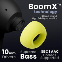 Black and yellow earbud with BoomX technology branding on a dark background