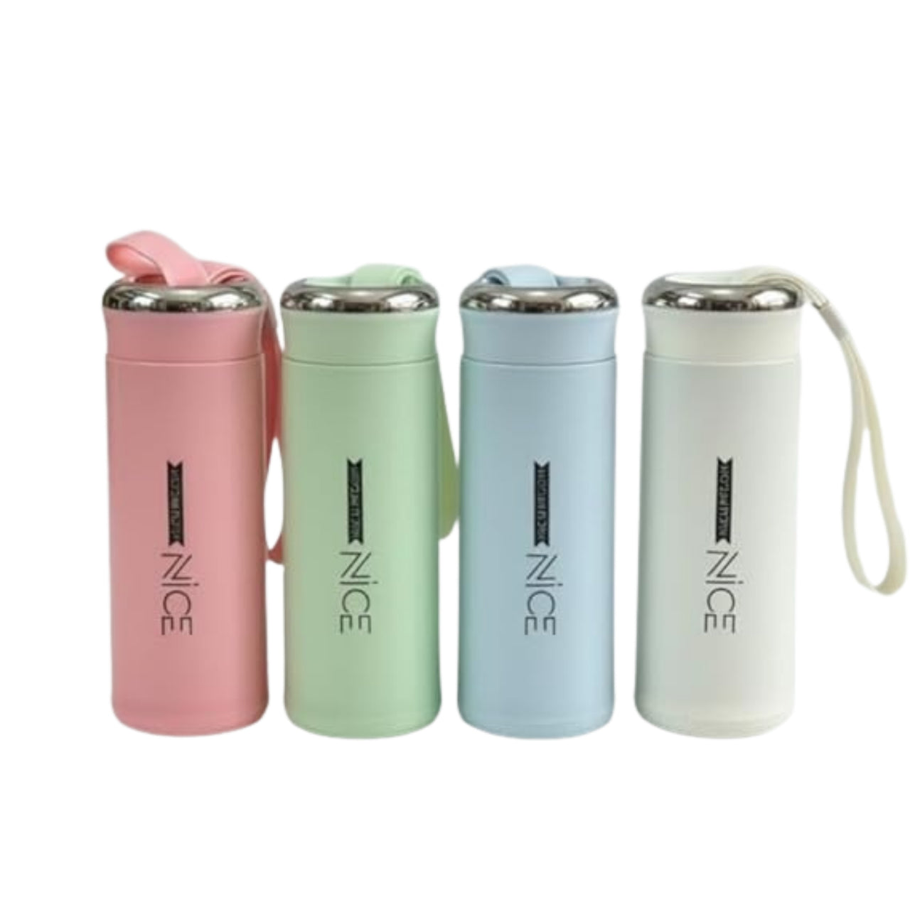 Four insulated bottles in pink, green, blue, and white with 'NICE' branding on a white background.