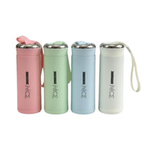 Four insulated bottles in pink, green, blue, and white with 'NICE' branding on a white background.