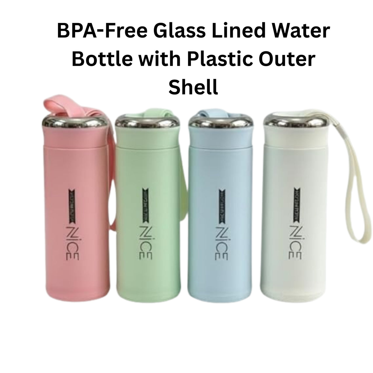 Four BPA-free glass-lined water bottles with plastic outer shells in different colors on a white background.