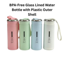 Four BPA-free glass-lined water bottles with plastic outer shells in different colors on a white background.