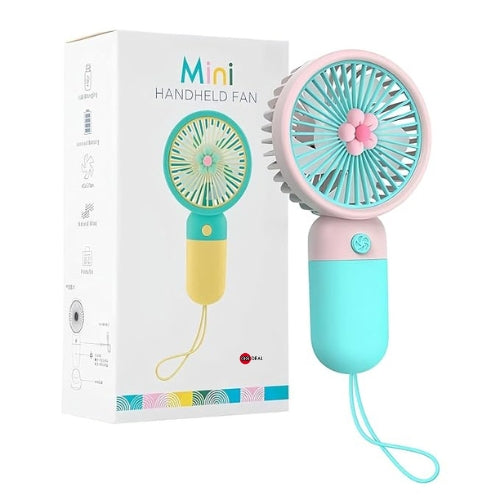 Mini handheld fan with colorful design next to its packaging on a white background