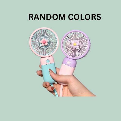 Two handheld fans in pastel colors held by a hand against a light green background with 'RANDOM COLORS' text.