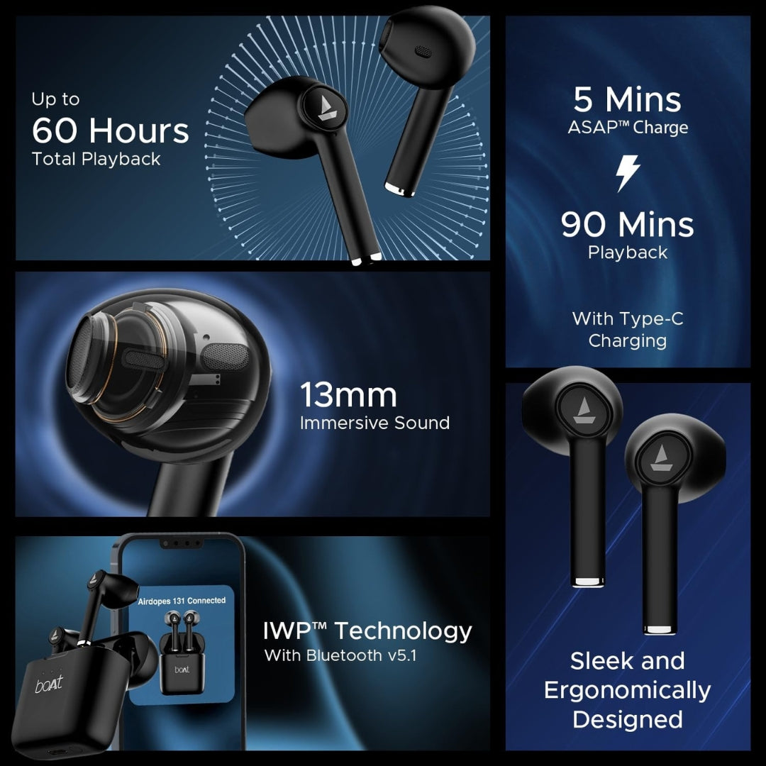 boAt Airdopes 131/8 TWS Earbuds | 60H Playback | ASAP™ Fast Charge | In-Ear Truly Wireless Earphones with Mic | Bluetooth | Active Black