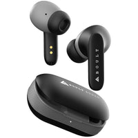 Black and gray wireless earbuds with charging case on a white background