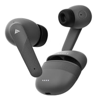 Gray wireless earbuds with charging case on a white background