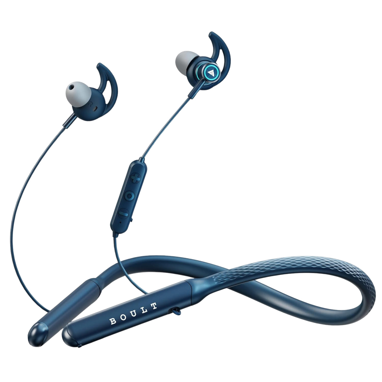 Blue wireless earbuds with a cable on a white background, featuring the brand 'BOULT'.
