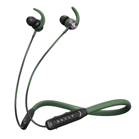 Green wireless earbuds with a charging cable on a white background